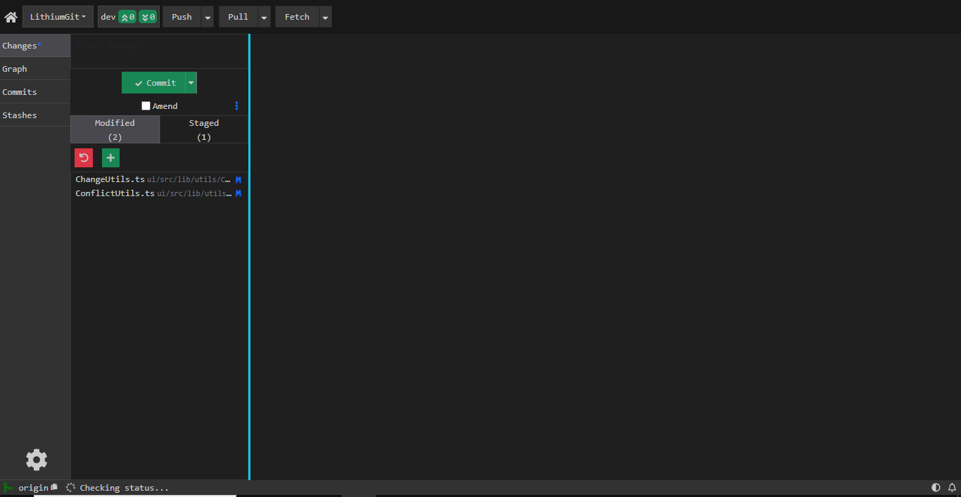 LithiumGit changes panel showing a Modified tab with two files and a Staged tab with one file